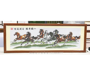 十字绣马到成功《八骏奔腾》装裱画框