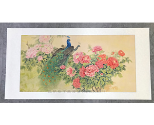 工笔孔雀牡丹托底装裱